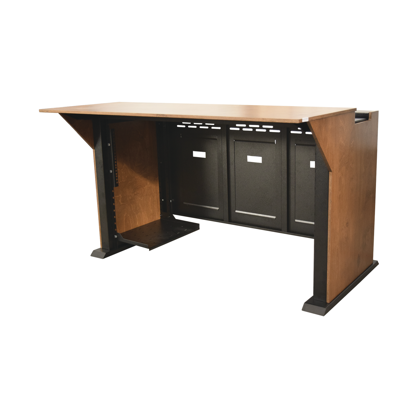 Estación Mobiliaria Profesional de Monitoreo y Control para: Videovigilancia, Acceso, Alarmas, etc., Metal Negro y Madera Tono Claro - SILYMX