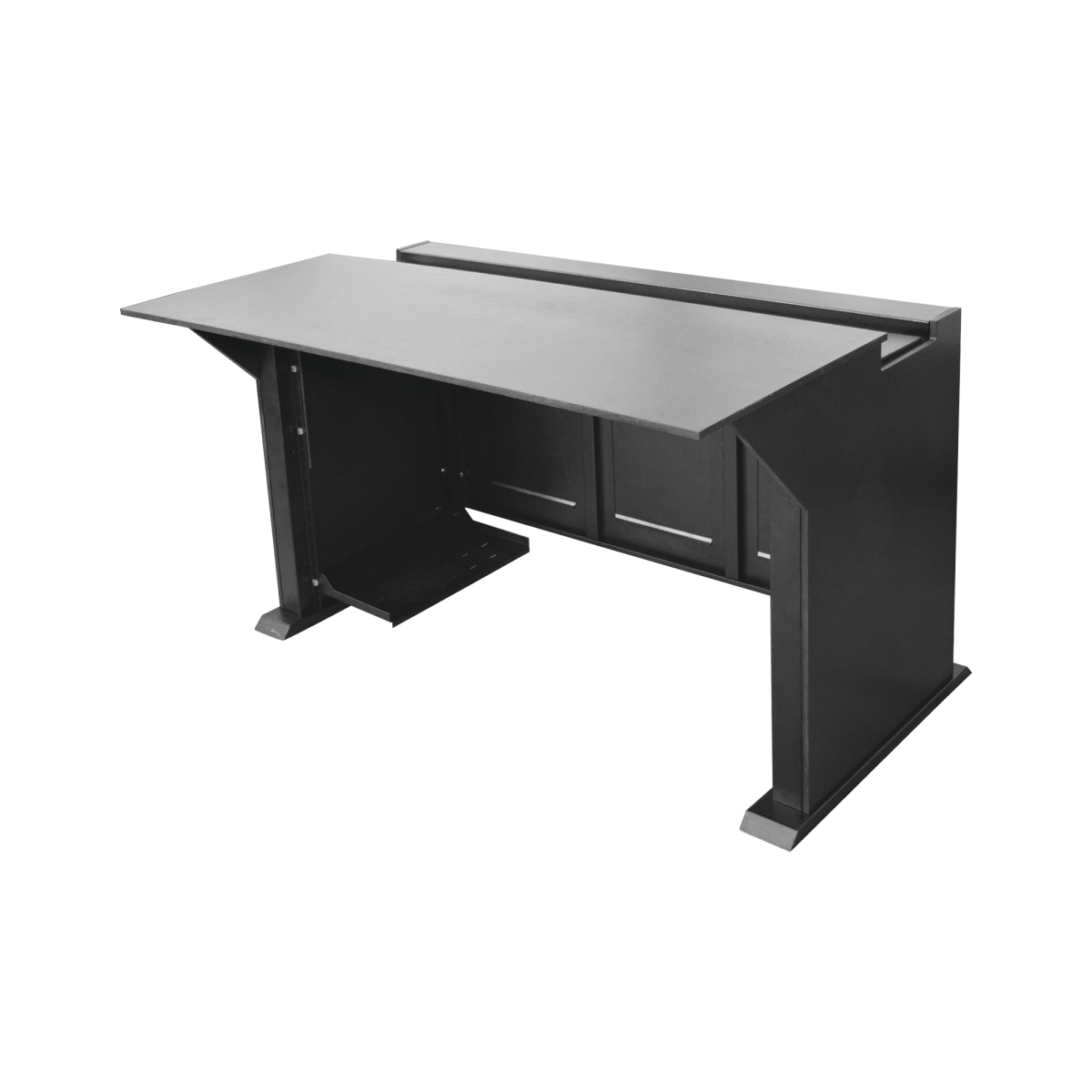 Estación Mobiliaria Profesional de Monitoreo y Control para: Videovigilancia, Acceso, Alarmas, etc., Metal Negro y Madera Tono Oscuro - SILYMX