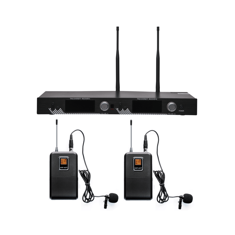 Kit de Microfonía inalámbrico | 2 Micrófonos de Lavalier | Receptor UHF | Pantalla LCD | 200 Canales | Gran cobertura - SILYMX