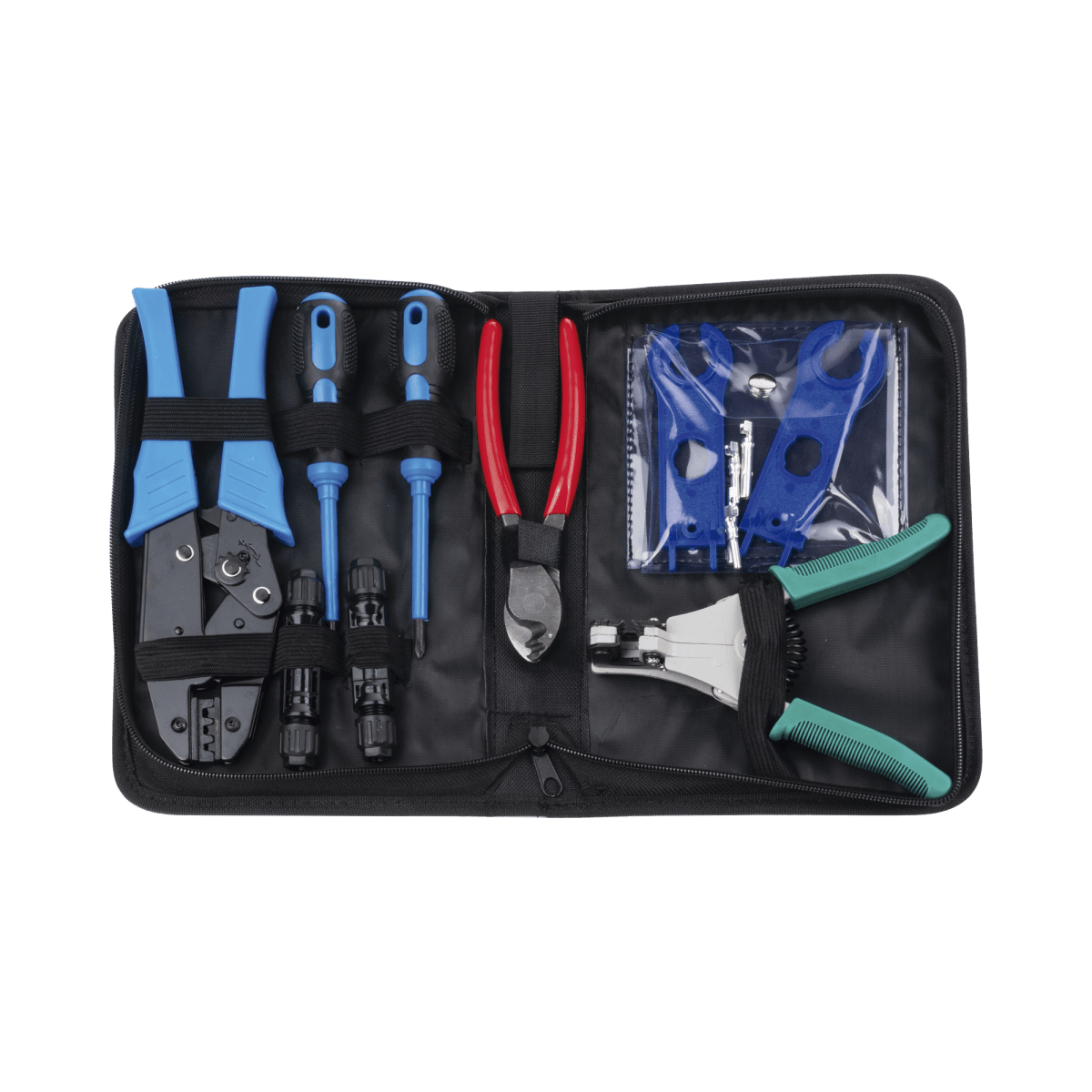 Juego de Herramientas y Accesorios, para Instalación de Sistema Solar. Incluye: Pinzas (3), Desarmadores (2), Llaves (2) y Accesorios (7). - SILYMX