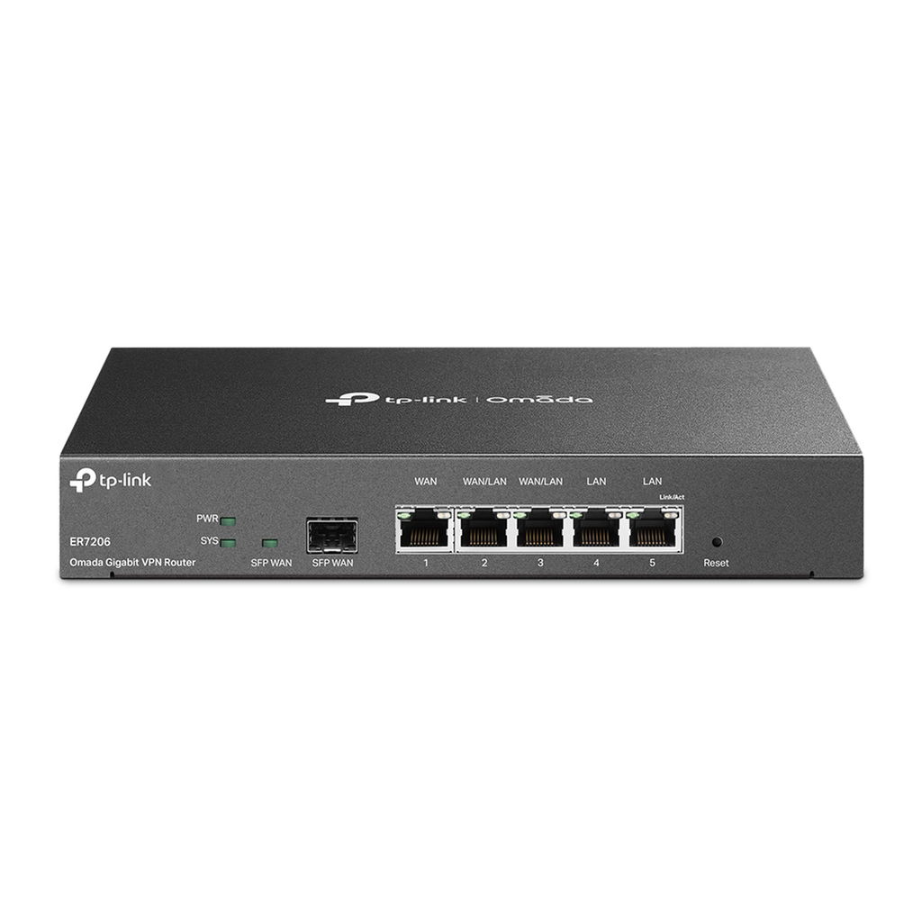 Router VPN SDN Multi-WAN Gigabit 1 LAN 1 WAN 1 WAN SFP 2 puertos Auto configurables LAN/WAN 150,000 Sesiones Concurrentes Administración Centralizada OMADA SDN ER7206