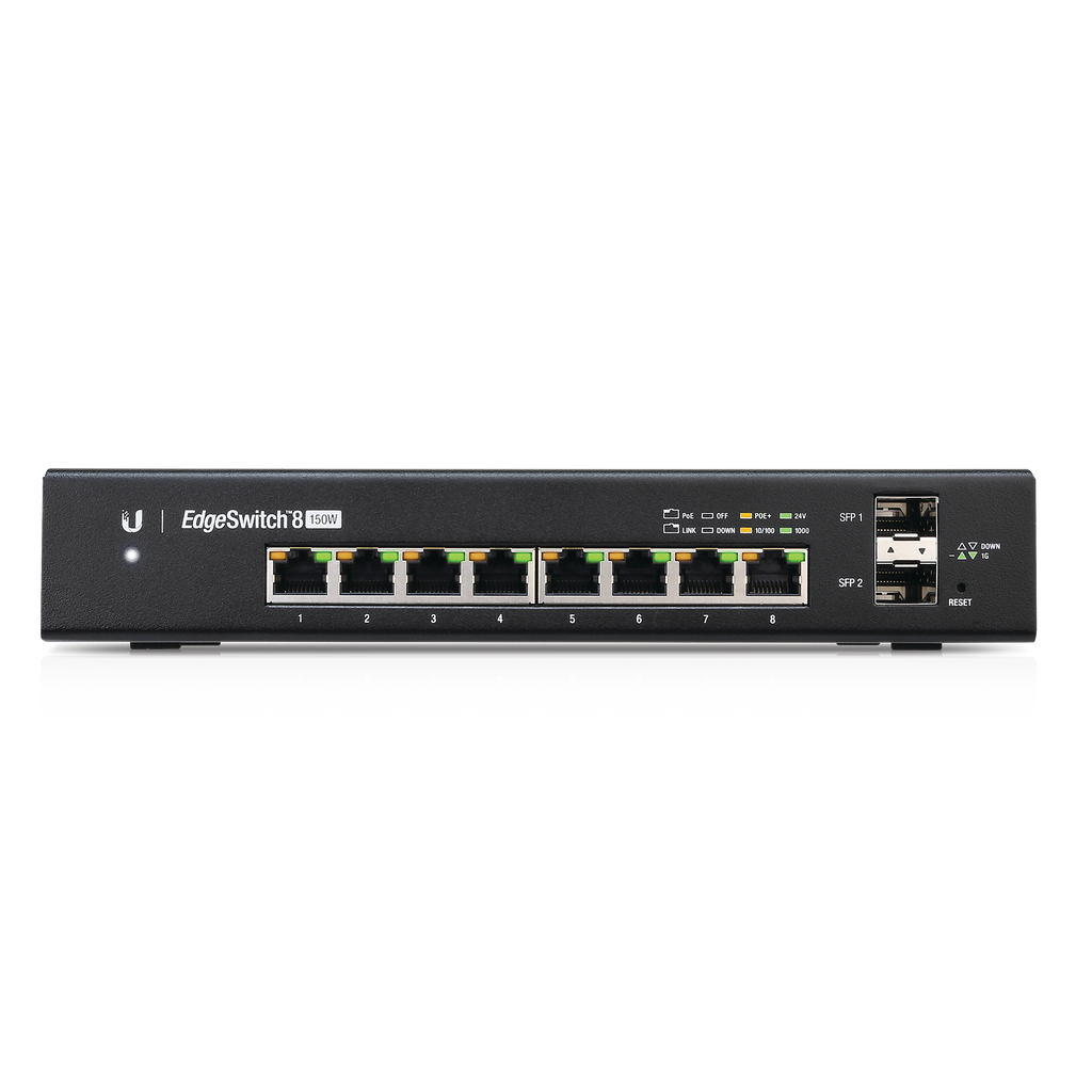 Switch EdgeMAX Administrable de 8 Puertos Gigabit con PoE+/PoE Pasivo 24V + 2 Puertos SFP, 150 W - SILYMX