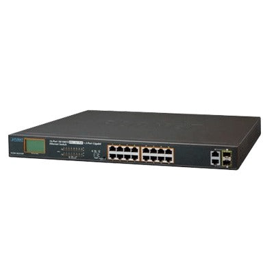 Switch PLANET no administrable PoE+ Extended 10/100 Aislamiento VLAN de 16 puertos + 2 combo TP/SFP Gigabit y Pantalla FGSW-1822VHP - SILYMX