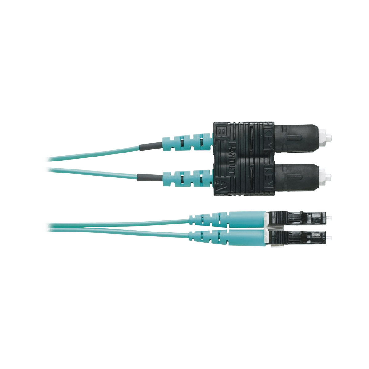 Jumper de Fibra Optica Multimodo 50/125 OM3, LC-SC Duplex, OFNR (Riser), Color Aqua, 1 Metro - SILYMX