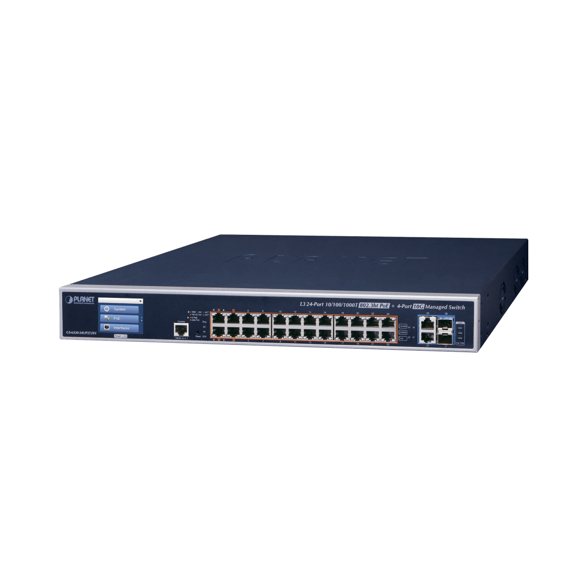 Switch Administrable L3, 24 puertos Gigabit PoE 802.3bt, 2 puertos 10G SFP+, Pantalla Tactil, Fuente Redundante, (600W) - SILYMX