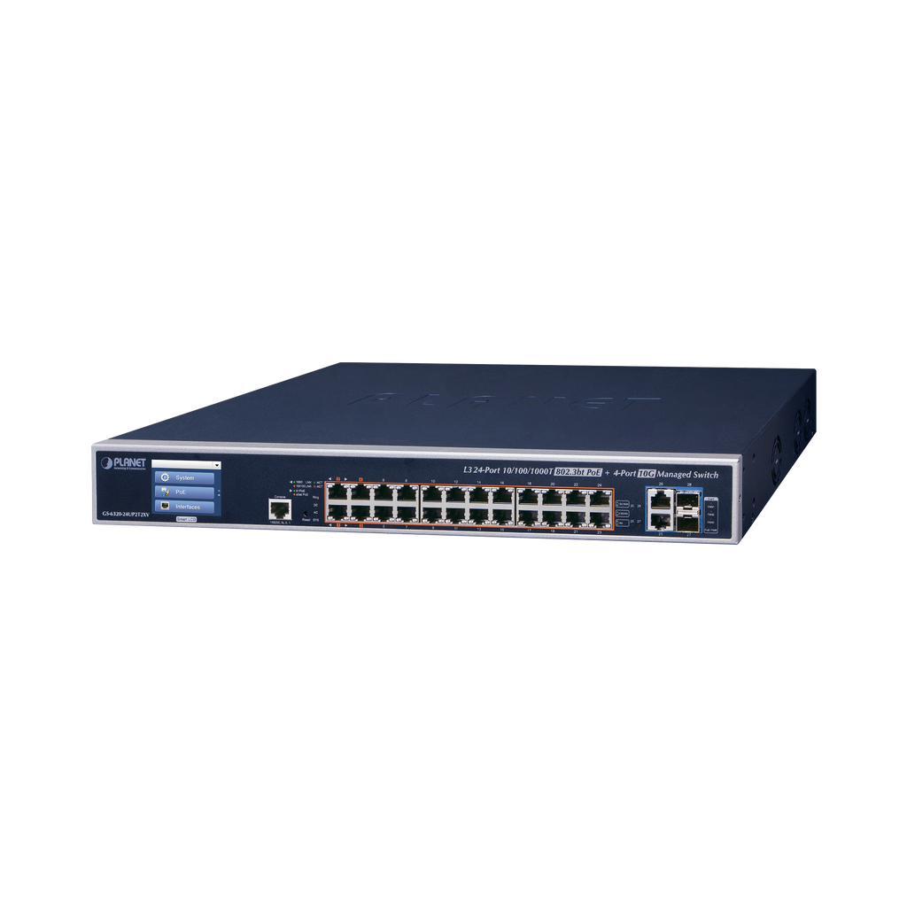 Switch Administrable L3, 24 puertos Gigabit PoE 802.3bt, 2 puertos 10G SFP+, Pantalla Tactil, Fuente Redundante, (600W) - SILYMX