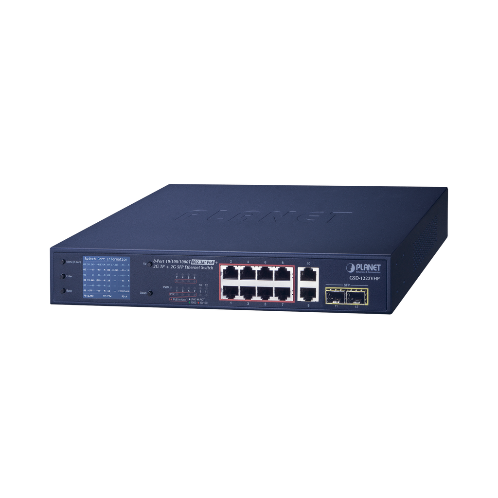 Switch No Administrable 8 Puertos Gigabit con Modo Extend PoE a 250 mts, 2 puertos Uplink 10/100/1000 Mbps, 2 Puertos SFP - SILYMX