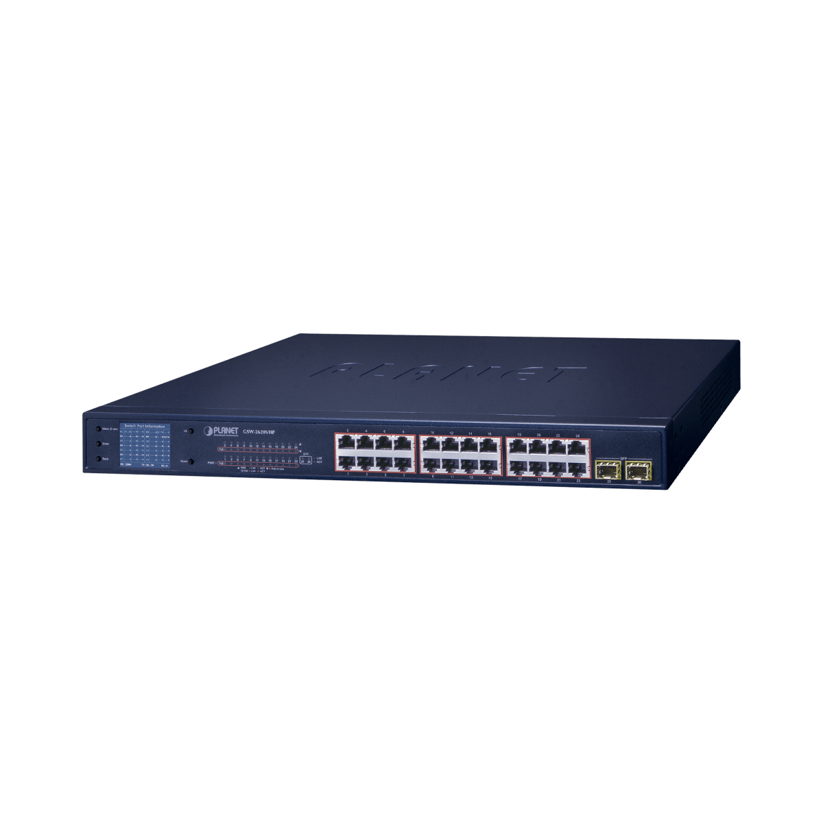 Switch PoE de 24 Puertos Gigabit 802.3af/at con Modo Extendido 250 m, 2 Puertos SFP 1000SX , Pantalla LCD para Configuración Básica, Hasta 300 W para PoE - SILYMX