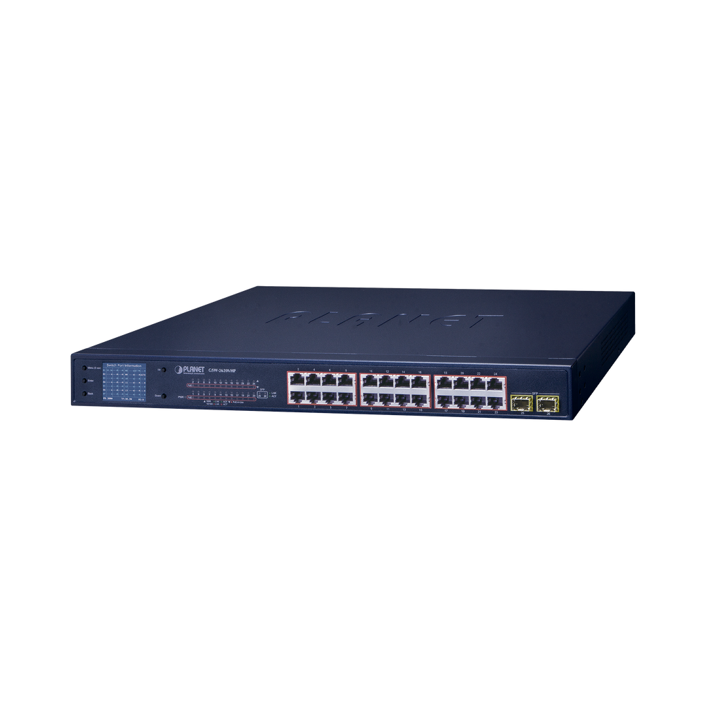 Switch PoE de 24 Puertos Gigabit 802.3af/at con Modo Extendido 250 m, 2 Puertos SFP 1000SX , Pantalla LCD para Configuración Básica, Hasta 300 W para PoE - SILYMX
