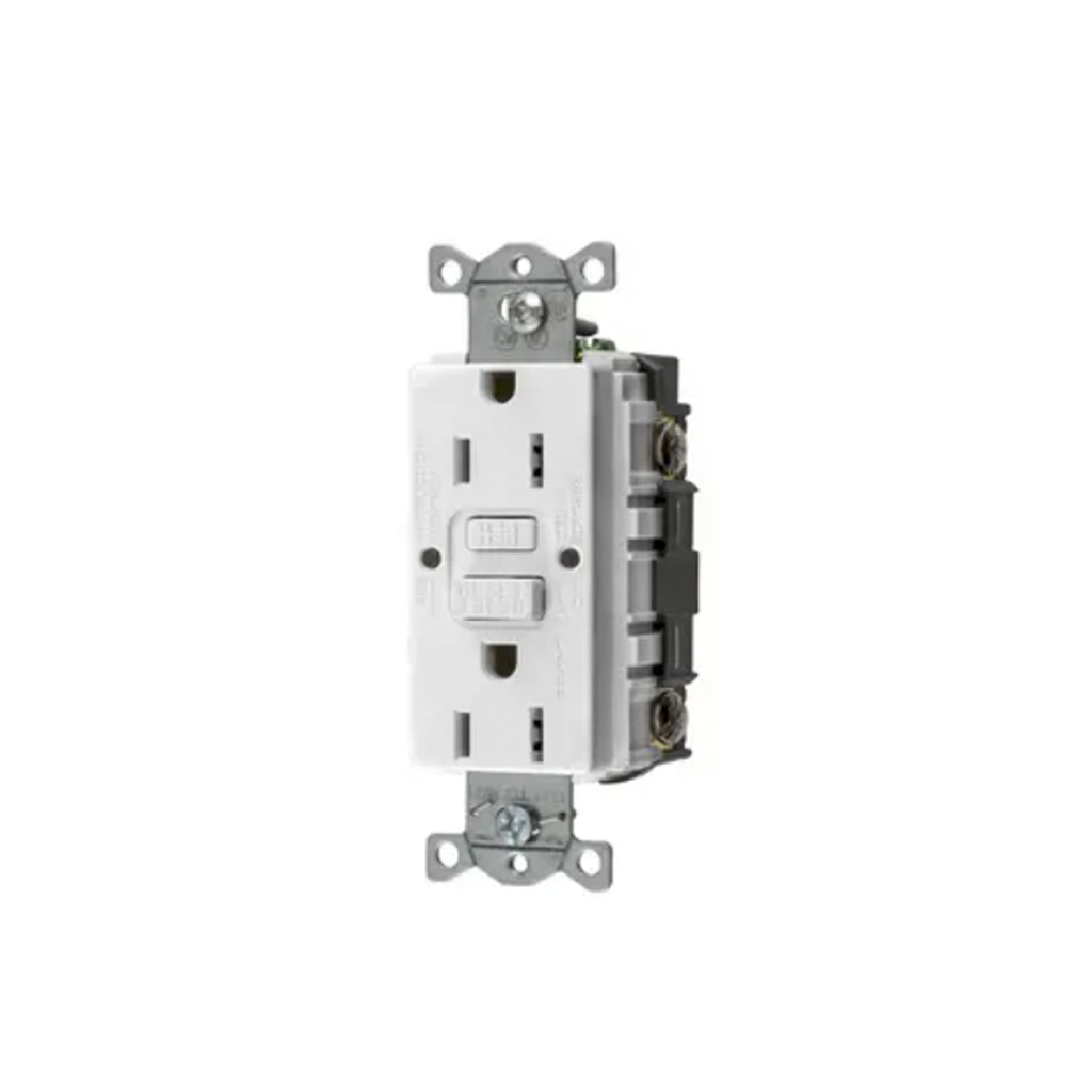 Contacto de Auto-verificación GFCI con Interruptor de Falla a Tierra de 15 A 125 V 2 Polos, 3 Hilos Color Blanco (Nema 5-15R), Grado Comercial.