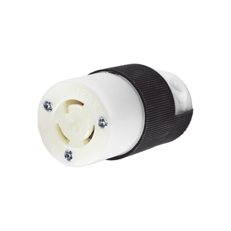 Conector de Media Vuelta, 15 A 125 V AC, 2 Polos, 3 Hilos, Color Blanco y Negro ( Nema L5-15P). - SILYMX
