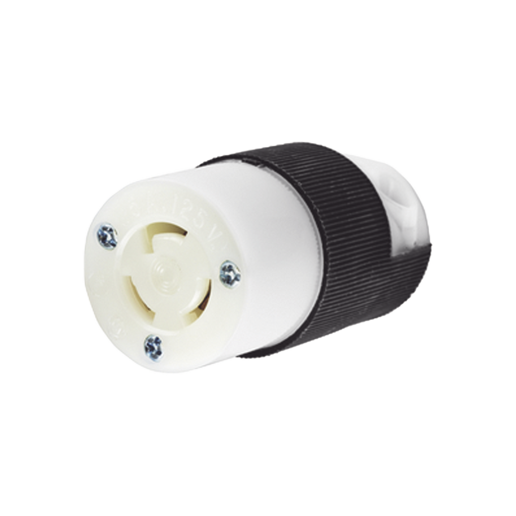 Conector de Media Vuelta, 15 A 125 V AC, 2 Polos, 3 Hilos, Color Blanco y Negro ( Nema L5-15P). - SILYMX