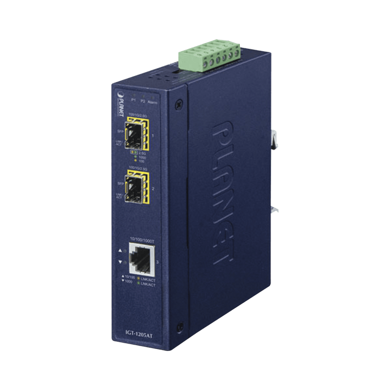 Convertidor de Medios Industrial de 1 Puerto Ethernet 10/100/1000 Base-T a 2 Puertos SFP 100/1000/2500 Base-X - SILYMX