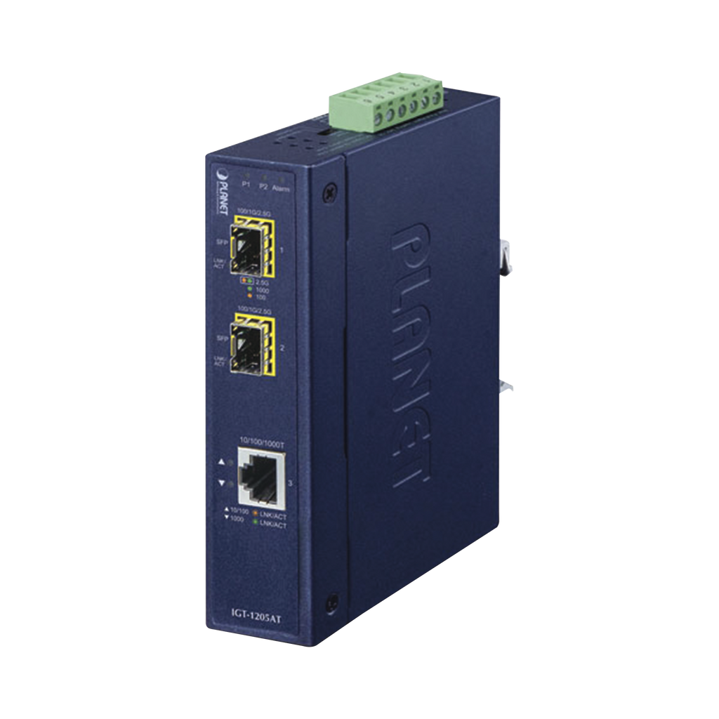 Convertidor de Medios Industrial de 1 Puerto Ethernet 10/100/1000 Base-T a 2 Puertos SFP 100/1000/2500 Base-X - SILYMX