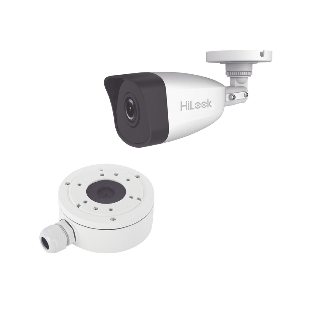 Kit de Cámara Bala IP 4 Megapixel HiLook Series 30 mts IR Exterior IP67 PoE dWDR Lente 2.8 mm + Caja de conexión DS-1280ZJ-XS