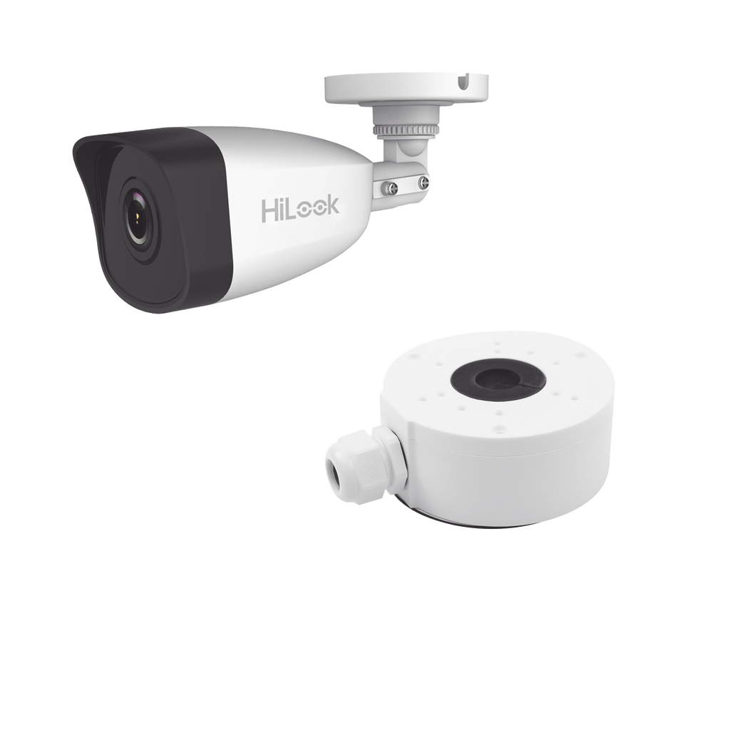 Kit de Cámara Bala IP 4 Megapixel Hilook + Montaje 30 mts IR Exterior IP67 PoE WDR 120 dB Lente 2.8 mm H.265+ IPCB140H(C)/XSP