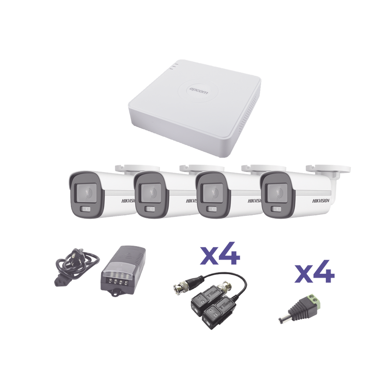 KIT COLORVU TURBOHD 1080p Lite / DVR 4 Canales / 4 Cámaras Bala (exterior 2.8 mm) / Transceptores / Conectores / Fuente de Poder Profesional - SILYMX