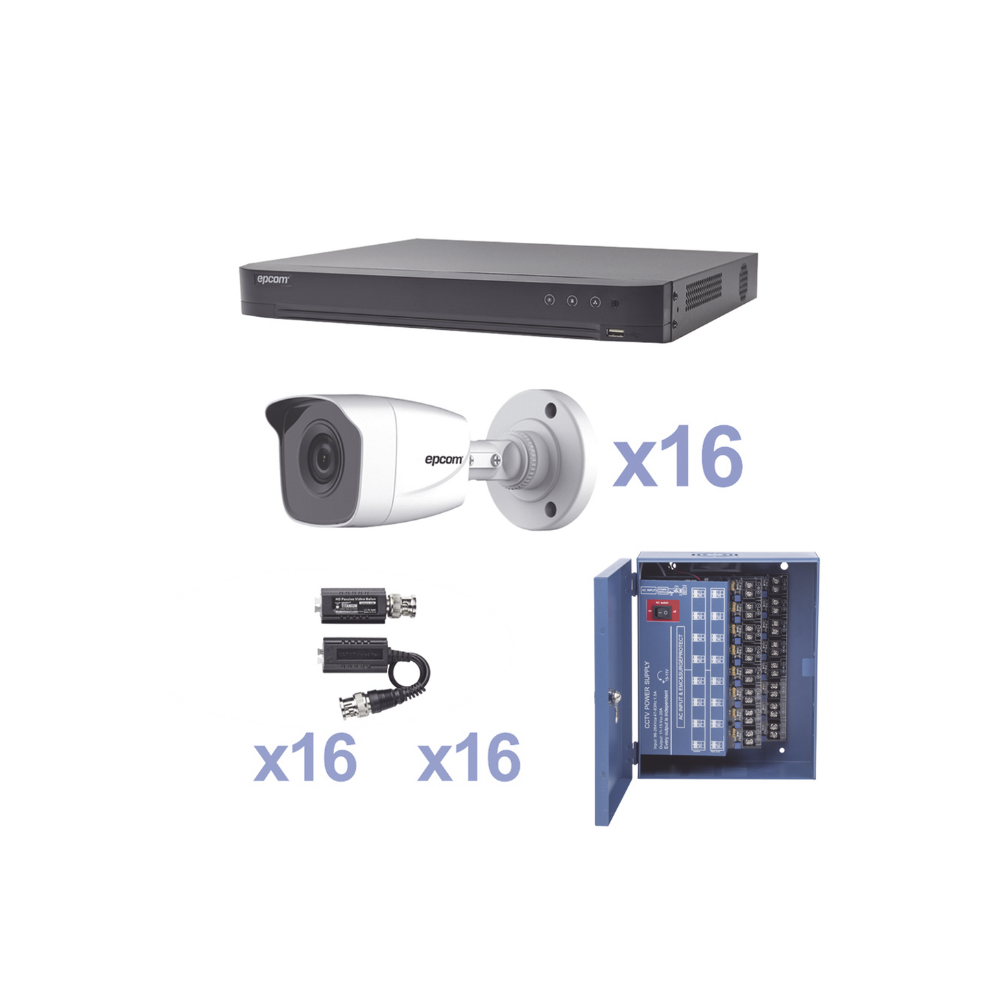 KIT TurboHD 1080p / DVR 16 Canales / 16 Cámaras Bala (exterior 2.8 mm) / Transceptores / Conectores / Fuente de Poder Profesional - SILYMX