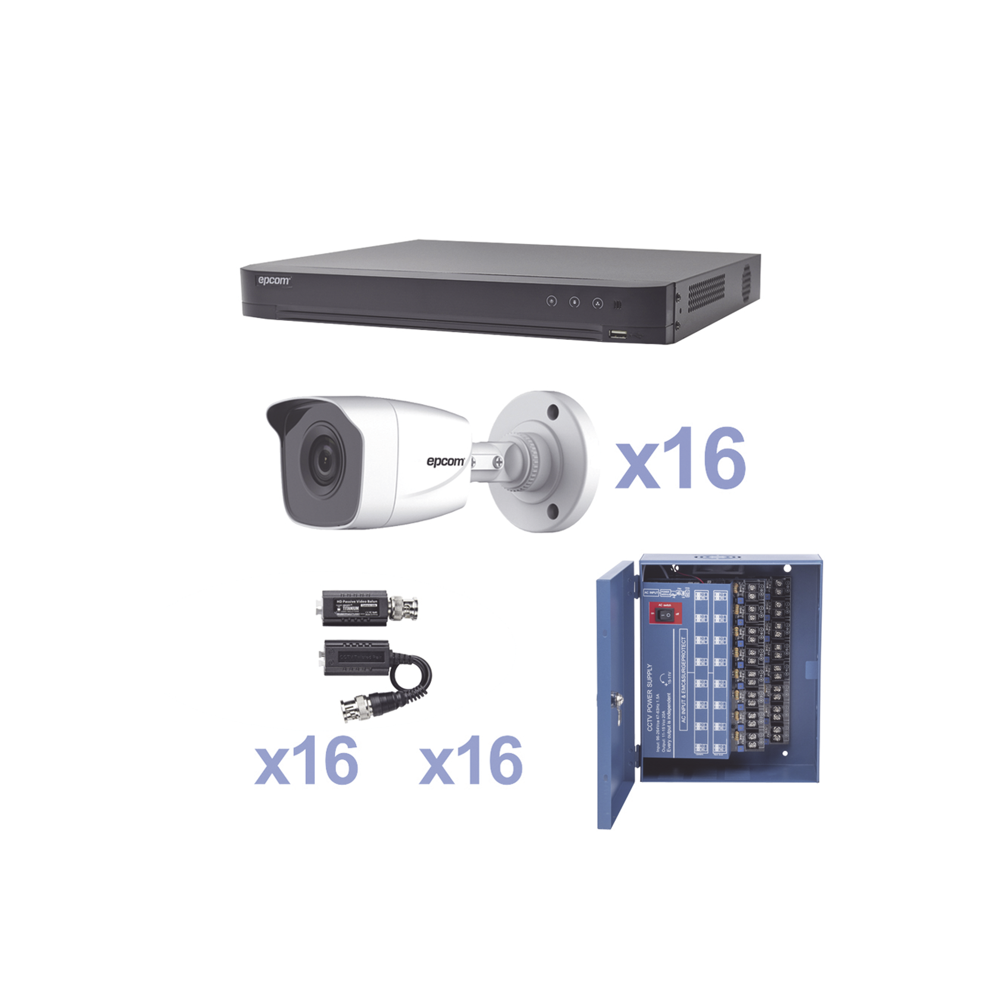 KIT TurboHD 1080p / DVR 16 Canales / 16 Cámaras Bala (exterior 2.8 mm) / Transceptores / Conectores / Fuente de Poder Profesional - SILYMX