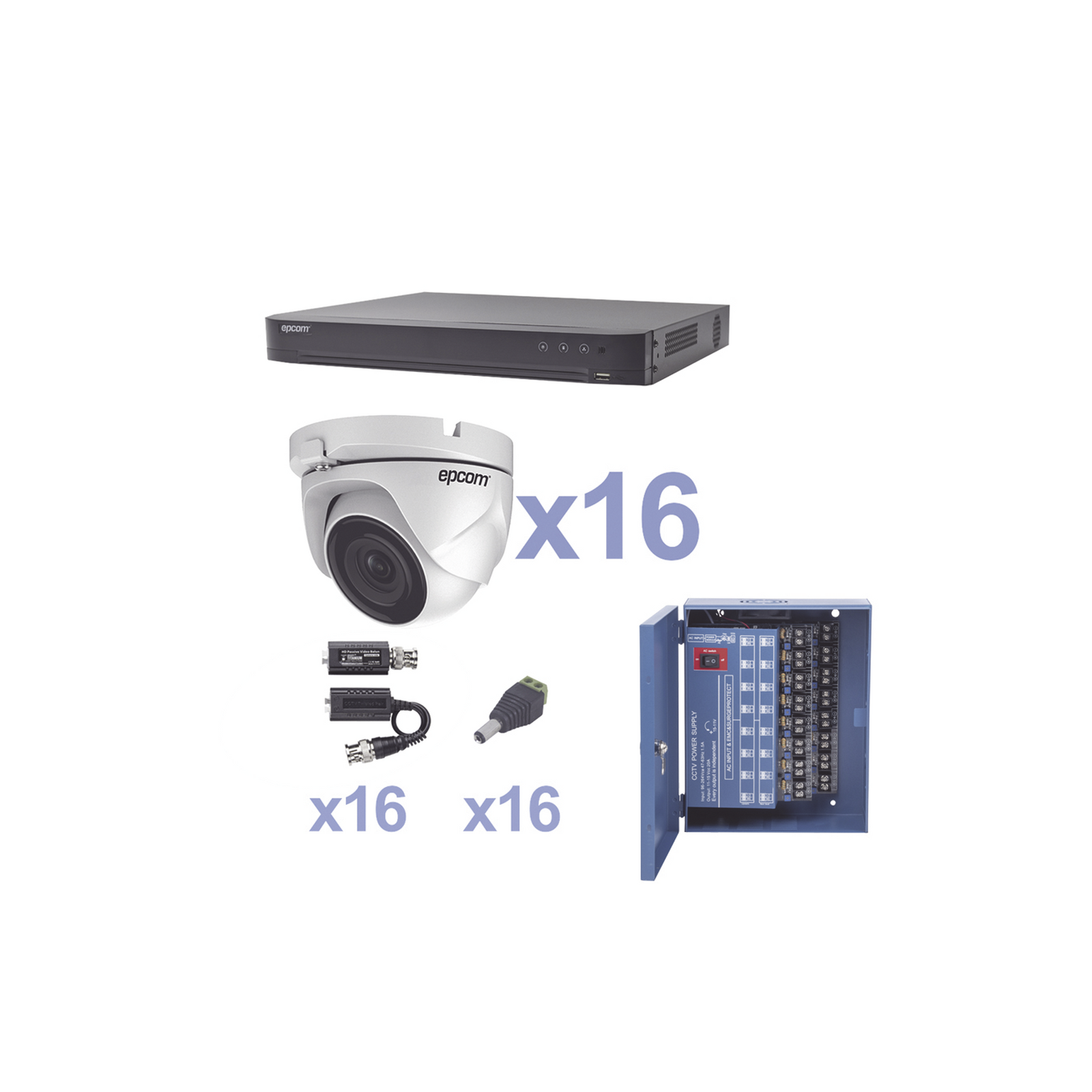 KIT TurboHD 1080p / DVR 16 Canales / 16 Cámaras Eyeball (exterior 2.8 mm) / Transceptores / Conectores / Fuente de Poder Profesional - SILYMX