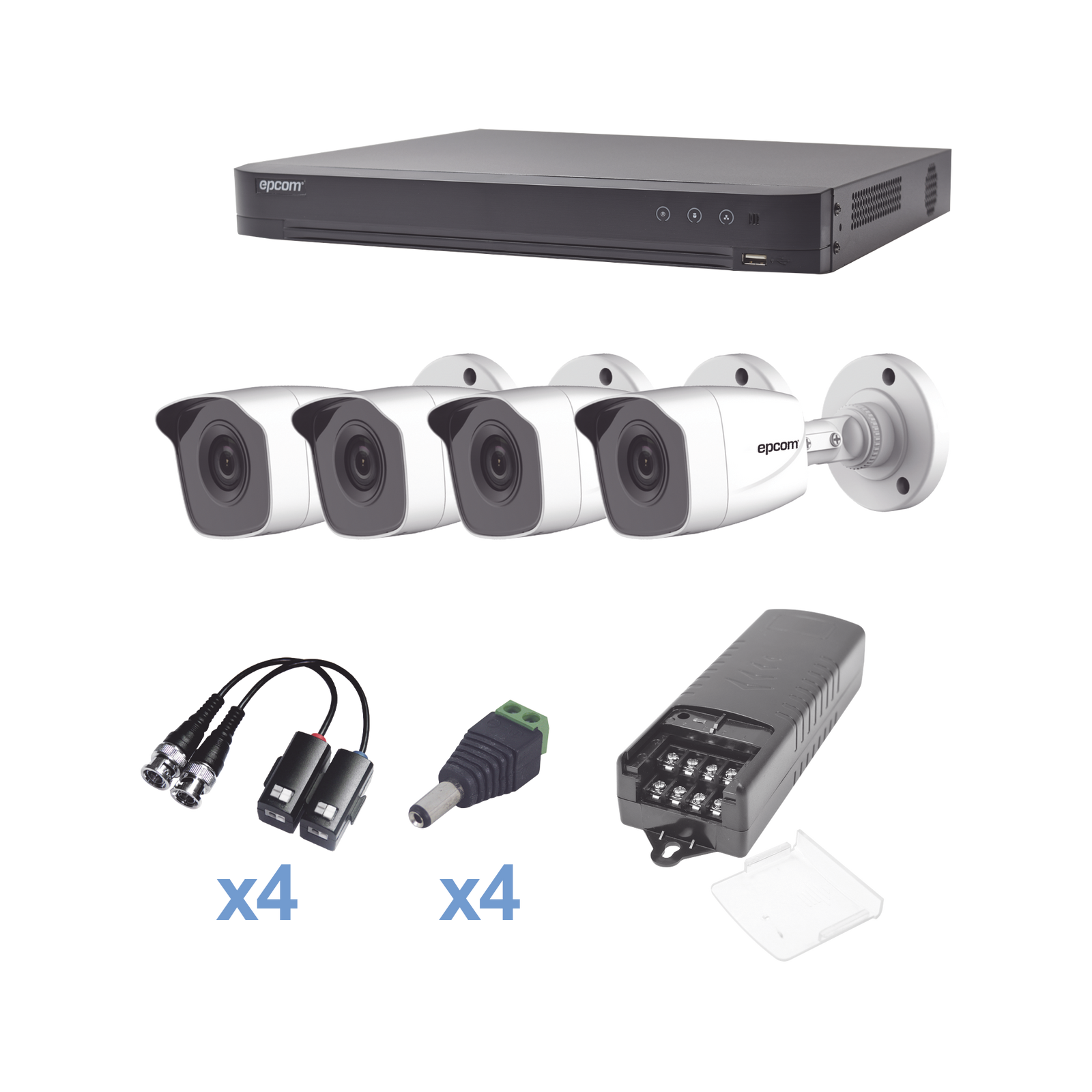 KIT TurboHD 1080p / DVR 4 Canales / 4 Cámaras Bala Metálicas (exterior 2.8 mm) / Transceptores / Conectores / Fuente de Poder Profesional - SILYMX