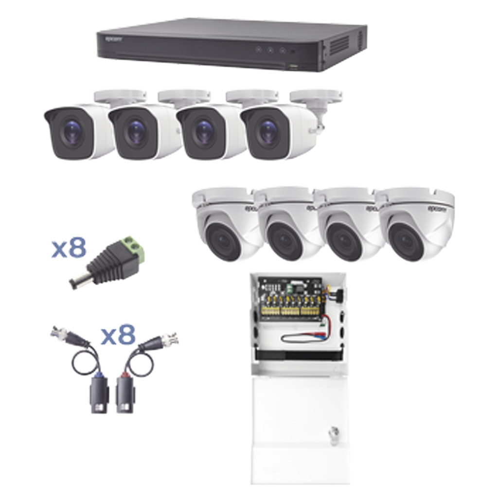 KIT TurboHD 1080p / DVR 8 Canales / 4 Cámaras Bala (exterior 2.8 mm) / 4 Cámaras Eyeball (exterior 2.8 mm) / Transceptores / Conectores / Fuente de Poder Profesional hasta 15 Vcd para Largas Distancias - SILYMX