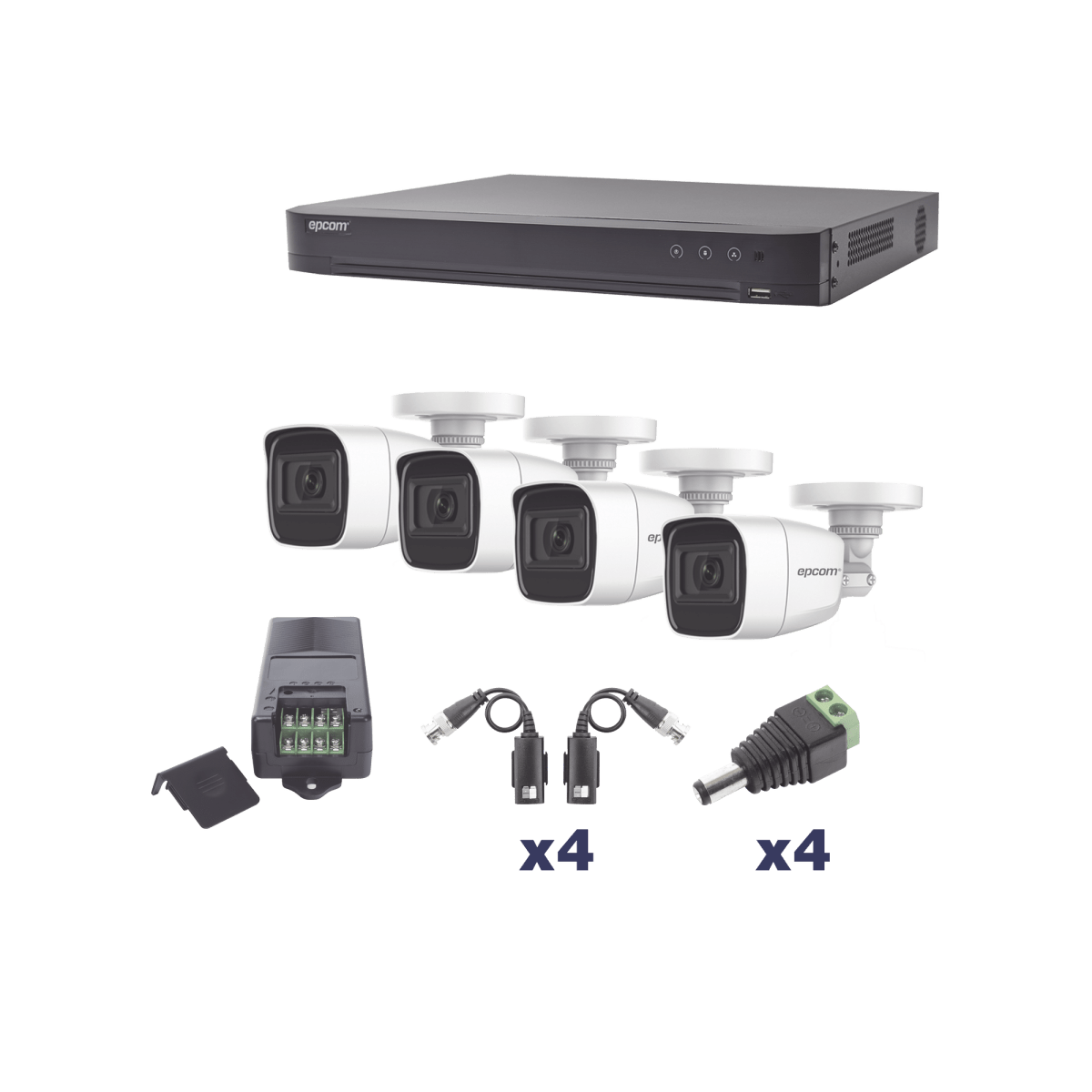KIT TurboHD 1080p / DVR 4 Canales / 4 Cámaras Bala Policarbonato con Audio Integrado (exterior 2.8 mm) / Transceptores / Conectores / Fuente de Poder Profesional - SILYMX