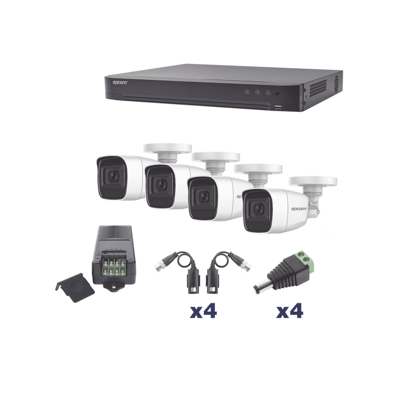 KIT TurboHD 1080p / DVR 4 Canales / 4 Cámaras Bala Policarbonato con Audio Integrado (exterior 2.8 mm) / Transceptores / Conectores / Fuente de Poder Profesional - SILYMX