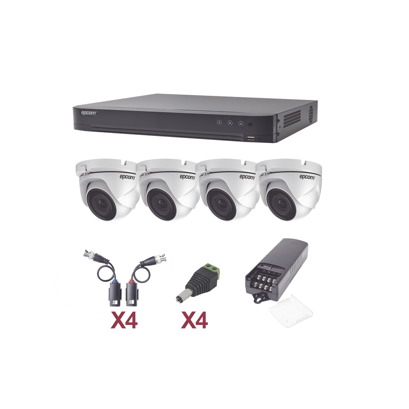 KIT TurboHD 1080p / DVR 4 Canales / 4 Cámaras Eyeball (exterior 2.8 mm) / Transceptores / Conectores / Fuente de Poder Profesional - SILYMX
