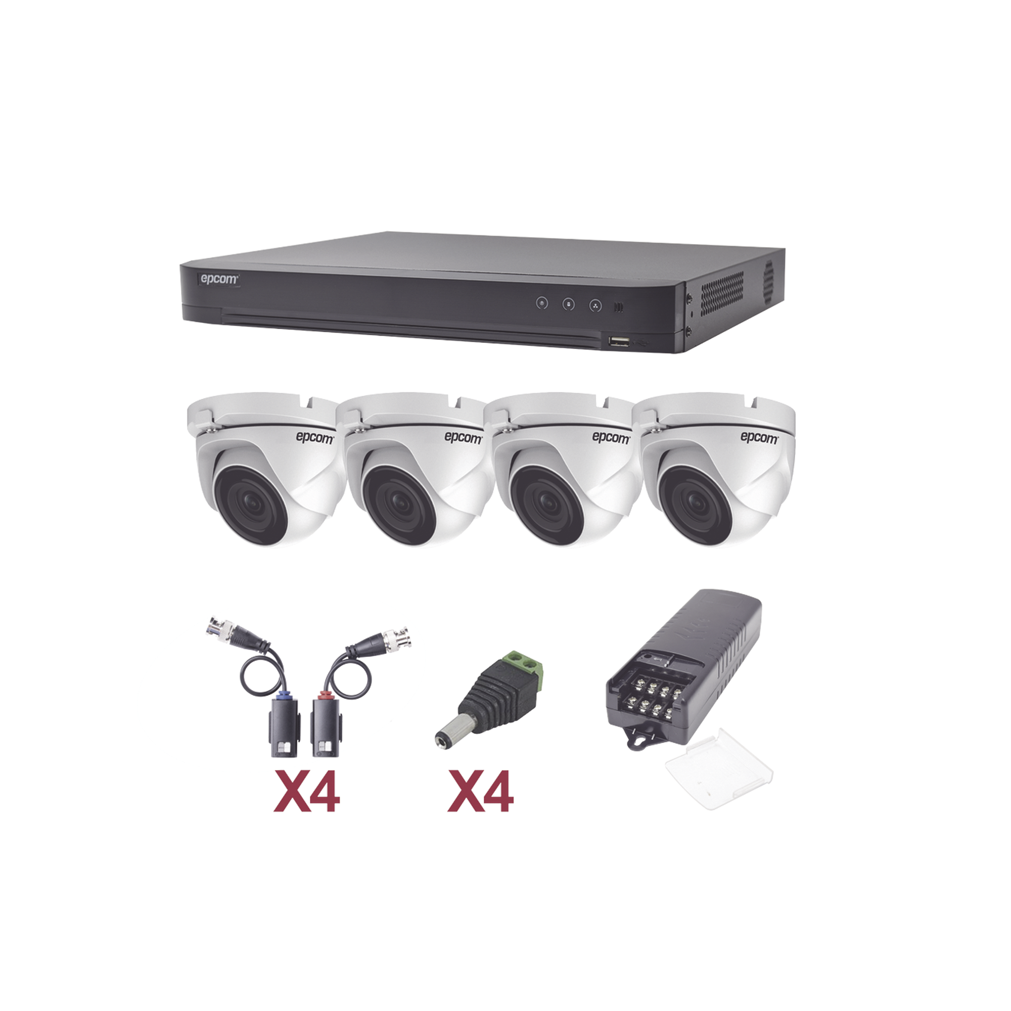 KIT TurboHD 1080p / DVR 4 Canales / 4 Cámaras Eyeball (exterior 2.8 mm) / Transceptores / Conectores / Fuente de Poder Profesional - SILYMX