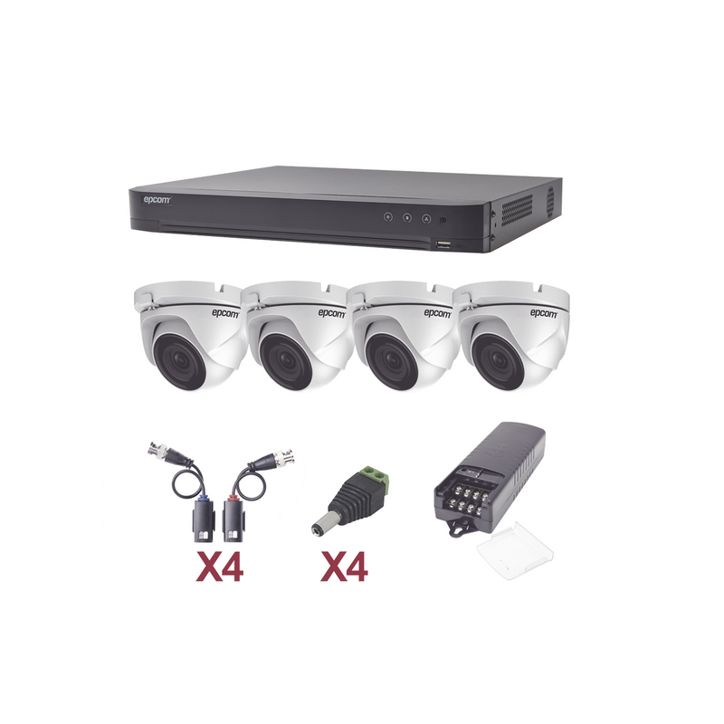 KIT TurboHD 1080p / DVR 4 Canales / 4 Cámaras Eyeball (exterior 2.8 mm) / Transceptores / Conectores / Fuente de Poder Profesional - SILYMX