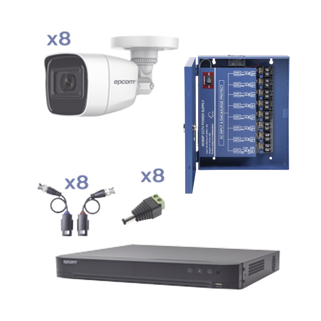 KIT TurboHD con Audio 1080p / DVR 8 Canales / 8 Cámaras Bala (exterior 2.8 mm) / Transceptores / Conectores / Fuente de Poder / AUDIO POR COAXITRON - SILYMX