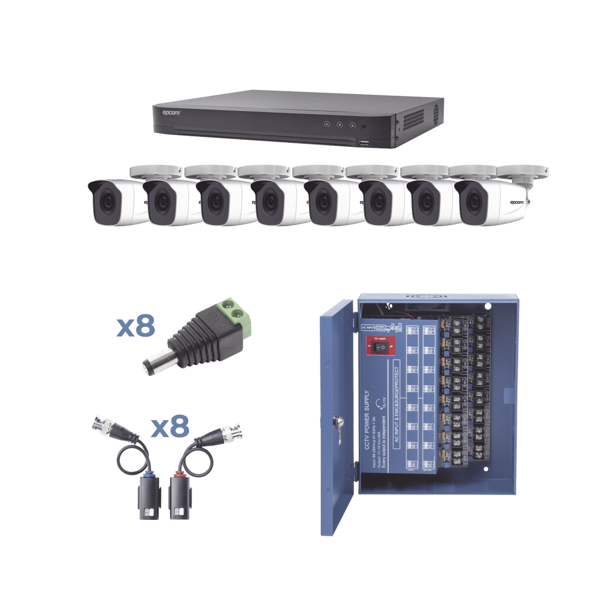 KIT TurboHD 1080p / DVR 8 Canales / 8 Cámaras Bala (exterior 2.8 mm) / Transceptores / Conectores / Fuente de Poder Profesional hasta 15 Vcd para Larga Distancias - SILYMX