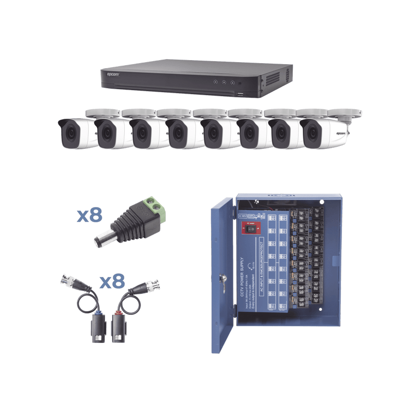 KIT TurboHD 1080p / DVR 8 Canales / 8 Cámaras Bala (exterior 2.8 mm) / Transceptores / Conectores / Fuente de Poder Profesional hasta 15 Vcd para Larga Distancias - SILYMX