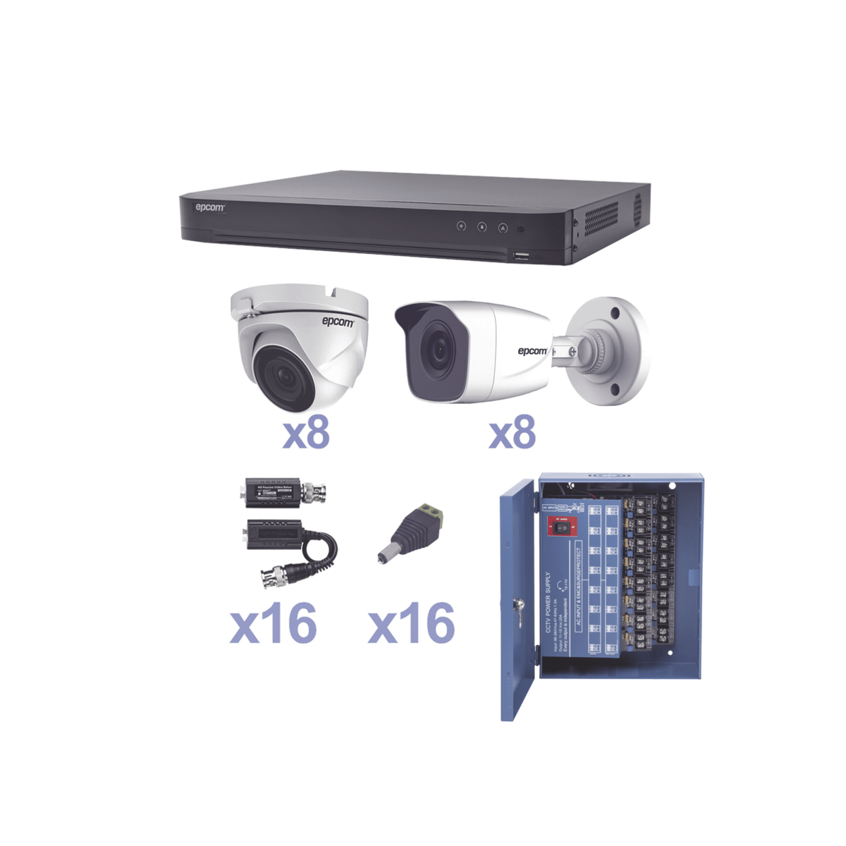 KIT TurboHD 1080p / DVR 16 Canales / 8 Cámaras Bala (exterior 2.8 mm) / 8 Cámaras Eyeball (exterior 2.8 mm) / Transceptores / Conectores / Fuente de Poder Profesional - SILYMX