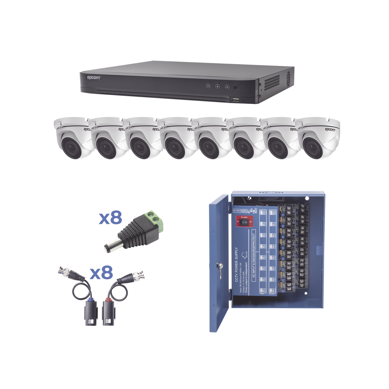 KIT TurboHD 1080p / DVR 8 Canales / 8 Cámaras Eyeball (exterior 2.8 mm) / Transceptores / Conectores / Fuente de Poder Profesional hasta 15 Vcd para Larga Distancia - SILYMX