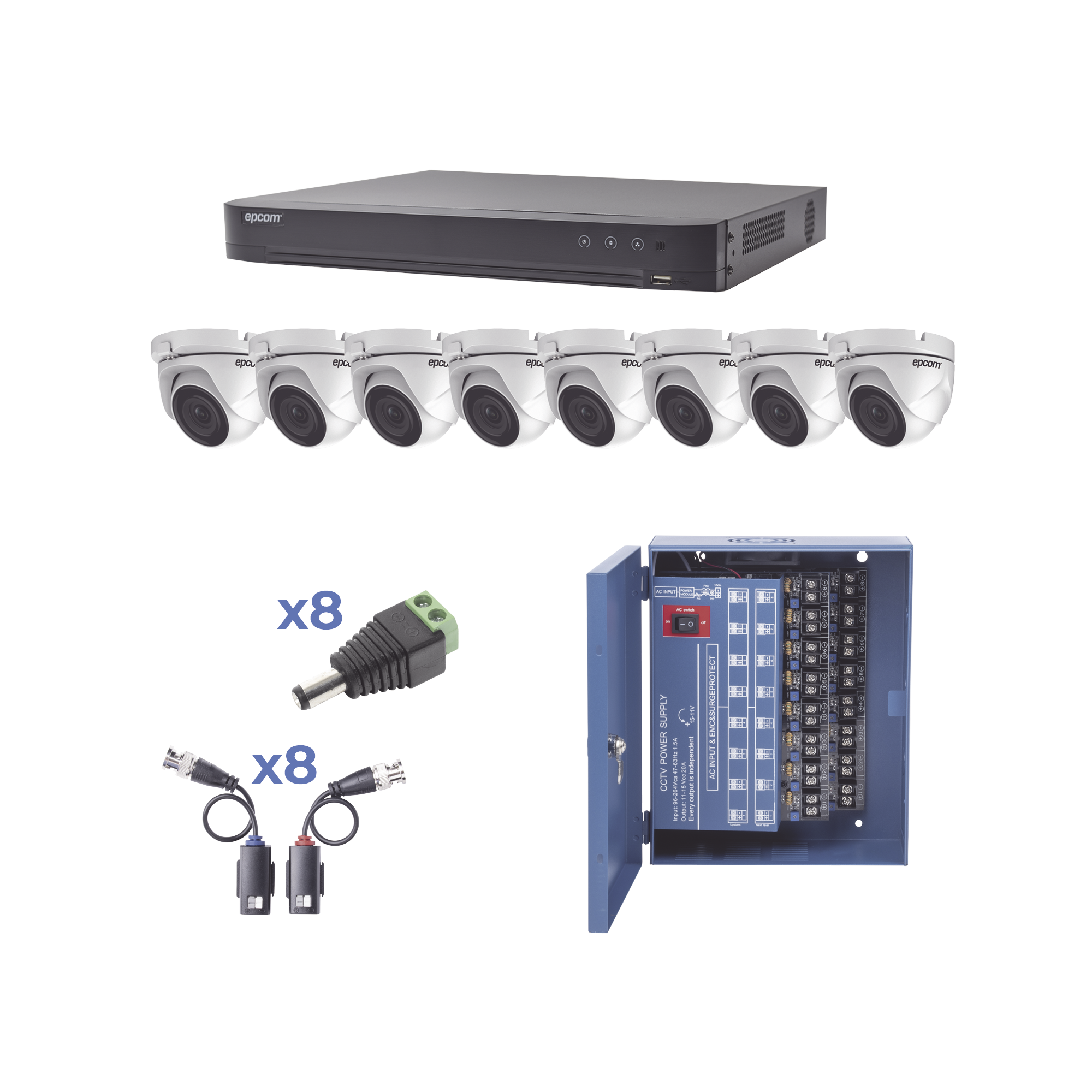 KIT TurboHD 1080p / DVR 8 Canales / 8 Cámaras Eyeball (exterior 2.8 mm) / Transceptores / Conectores / Fuente de Poder Profesional hasta 15 Vcd para Larga Distancia - SILYMX