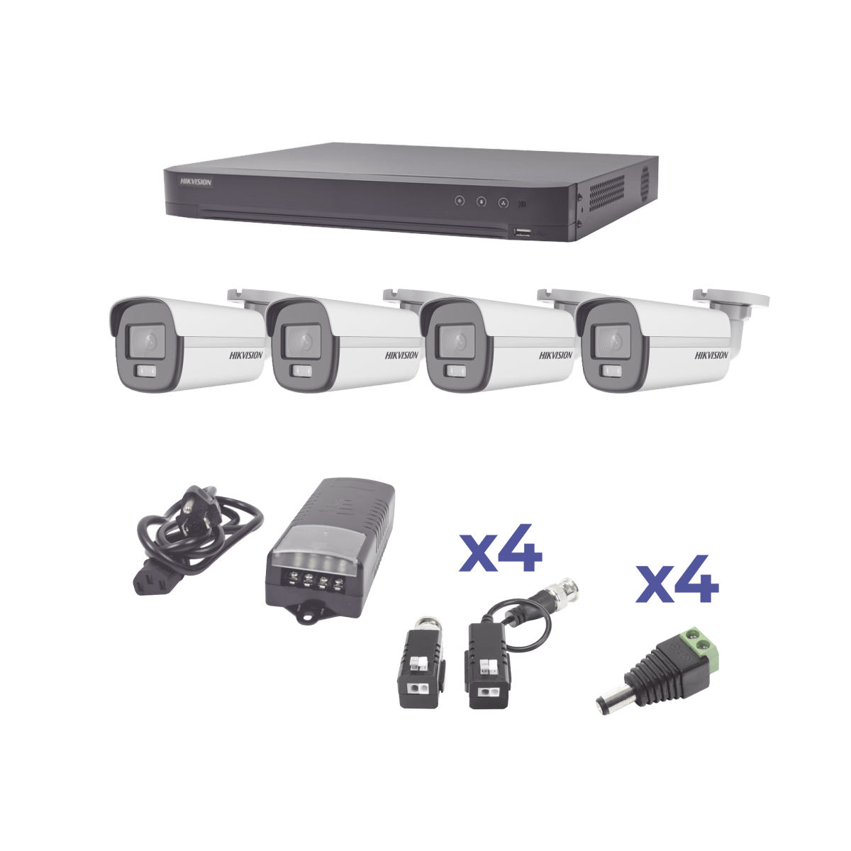 KIT COLORVU TURBOHD 1080p / DVR 4 Canales / 4 Cámaras Bala (exterior) / Fuente de poder profesional / Transceptores de video y Accesorios de corriente - SILYMX