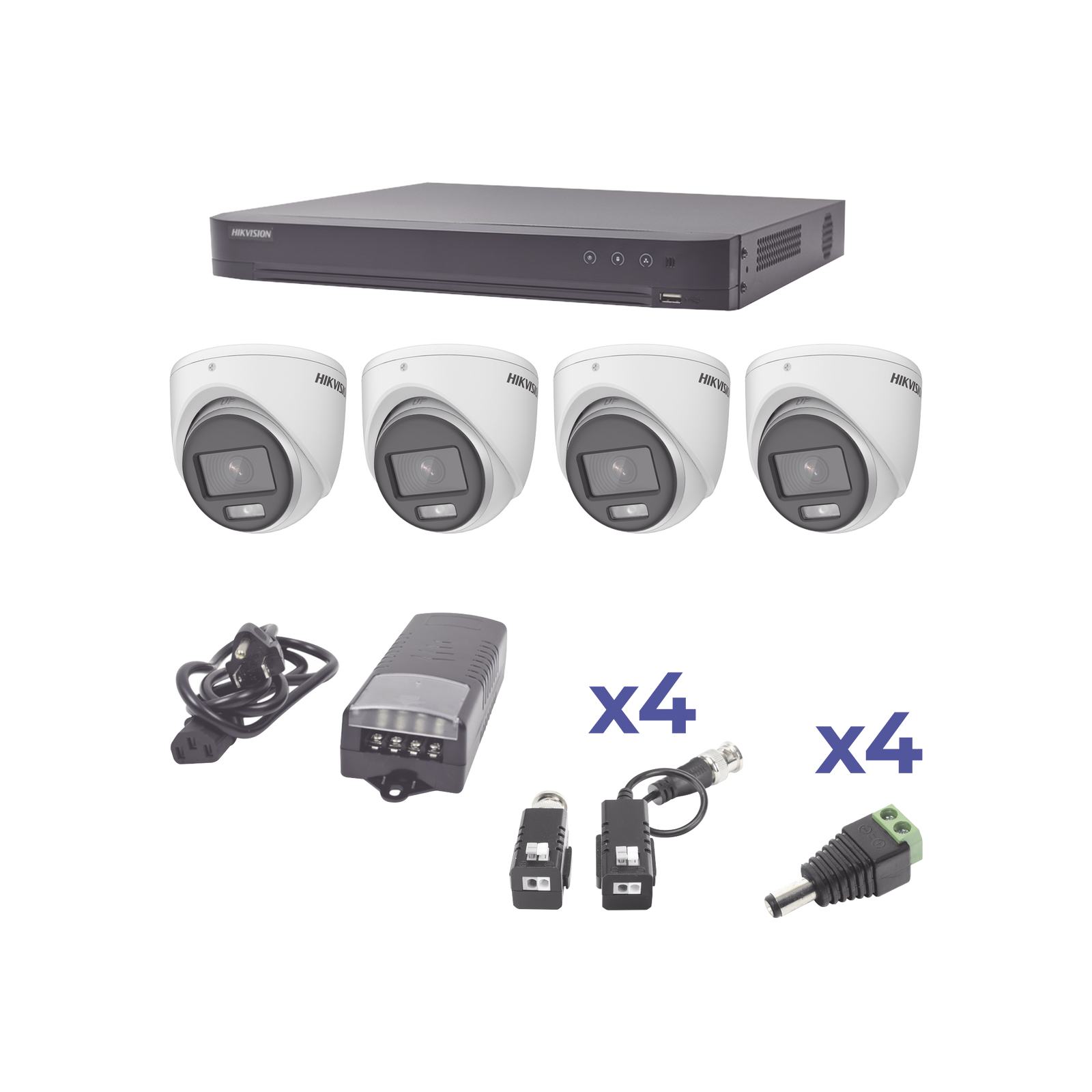KIT COLORVU TURBOHD 1080p / DVR 4 Canales / 4 Cámaras eyeball lente 2.8mm / Fuente de poder profesional / Transceptores de video y Acces. de corriente - SILYMX