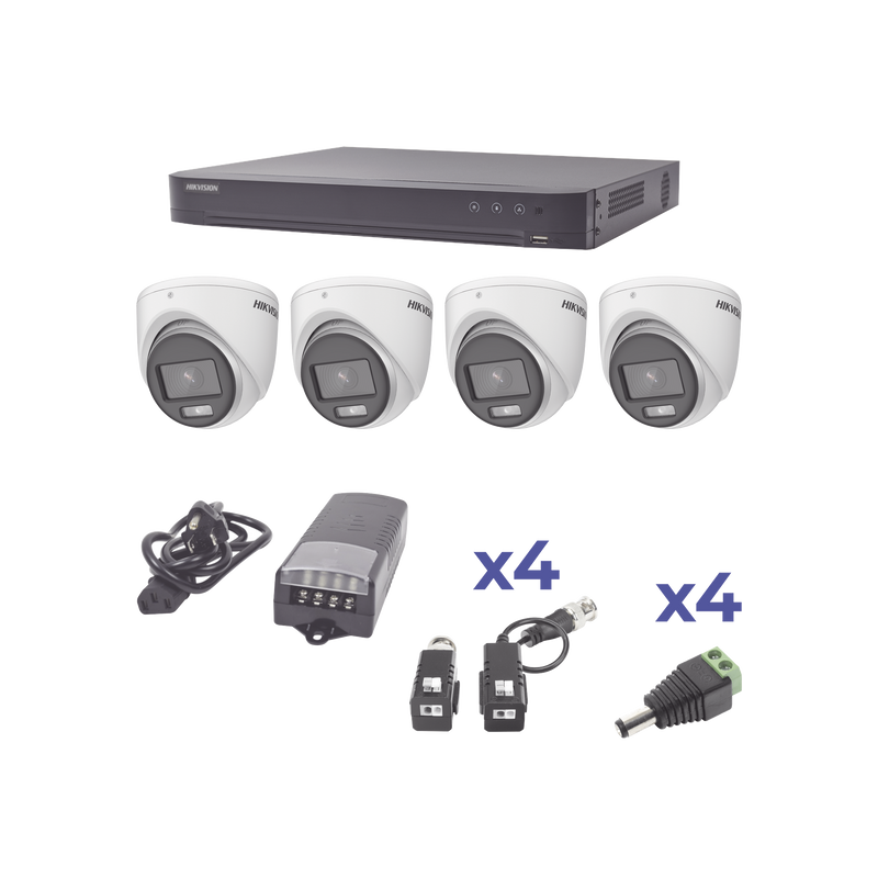KIT COLORVU TURBOHD 1080p / DVR 4 Canales / 4 Cámaras eyeball lente 2.8mm / Fuente de poder profesional / Transceptores de video y Acces. de corriente - SILYMX