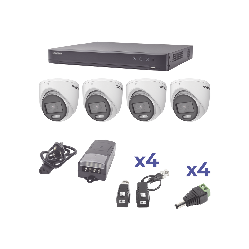 KIT COLORVU TURBOHD 1080p / DVR 4 Canales / 4 Cámaras eyeball lente 2.8mm / Fuente de poder profesional / Transceptores de video y Acces. de corriente