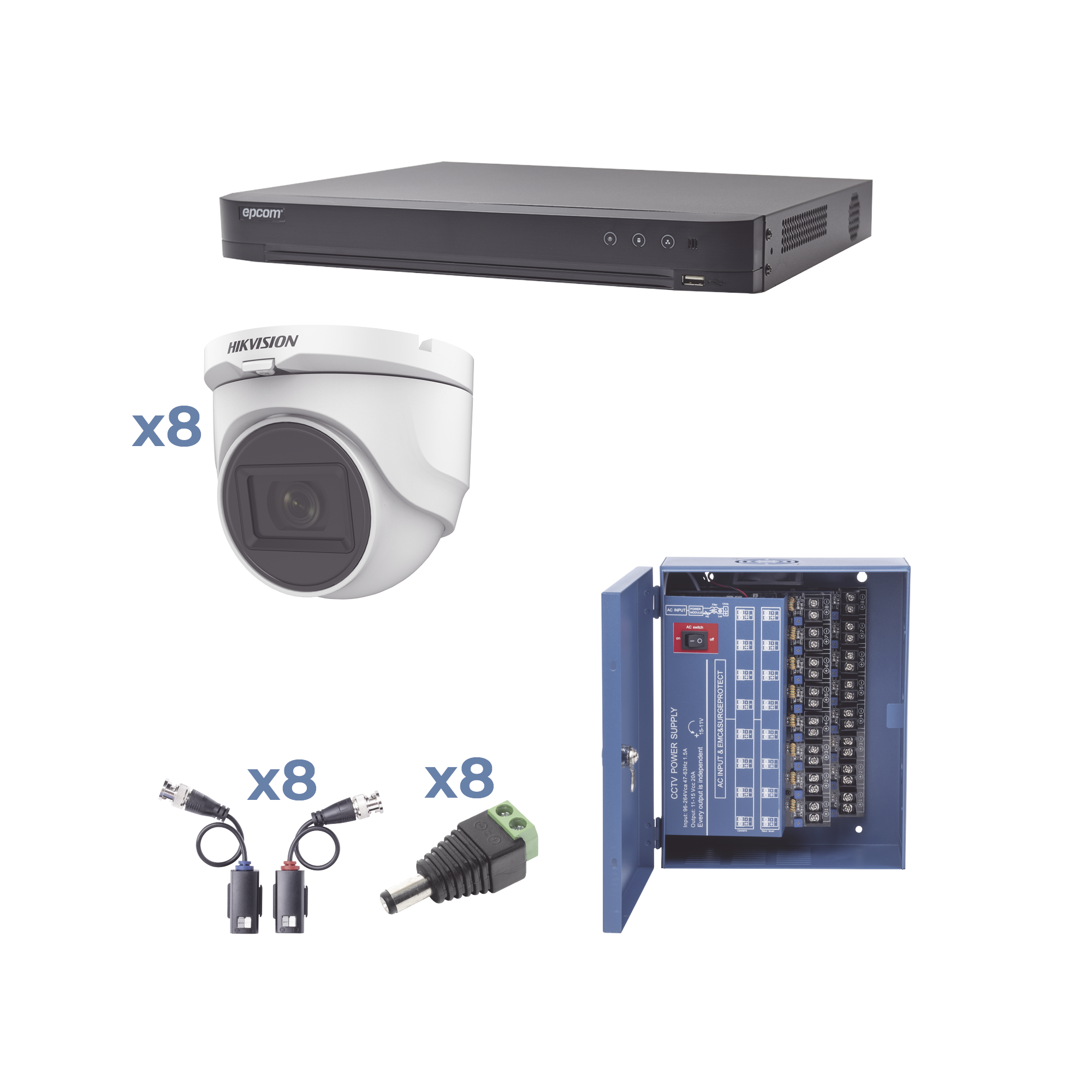 Kit Turbohd 1080P / DVR 8 Canales / 8 Cámaras Turret (Exterior 2.8Mm) / Conectores / Transceptores / Fuente De Poder / Hasta 15 Vcd Larga Distancia - SILYMX