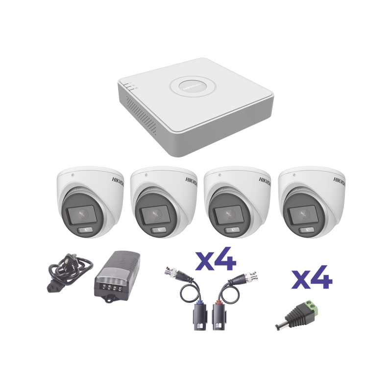 KIT COLORVU TURBOHD 1080pLite / DVR 4 Canales / 4 Cámaras Eyeball (exterior) / Transceptores / Conectores / Fuente de Poder Profesional - SILYMX