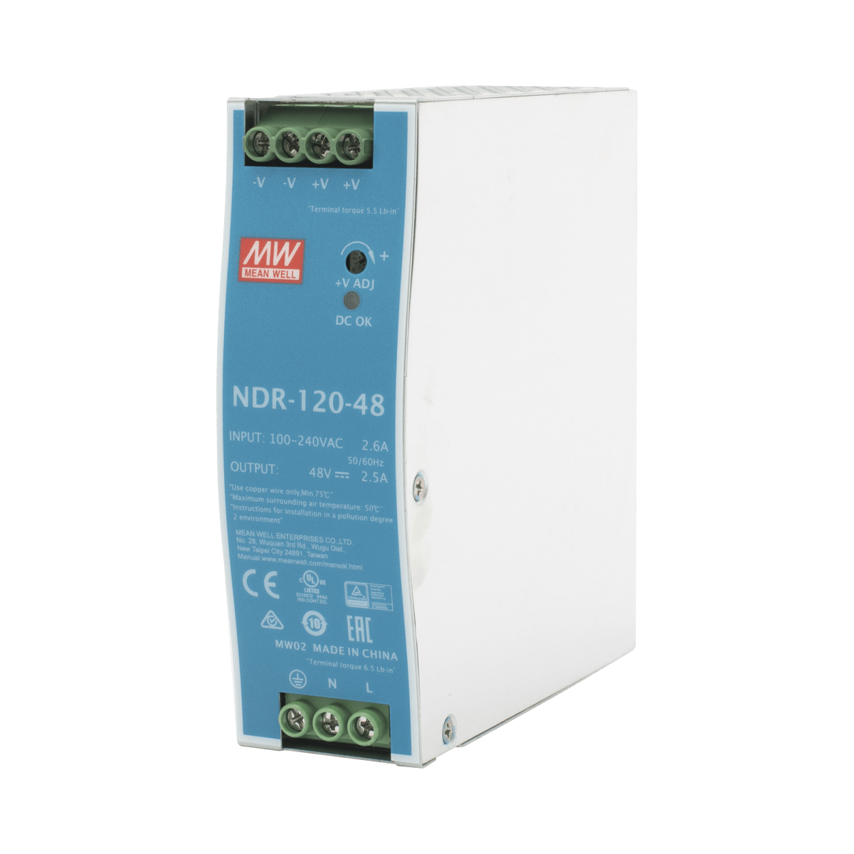 Fuente de poder industrial de 120 W, salida 48 VCD, entrada 90~264 VCA, para montaje en riel DIN, - SILYMX