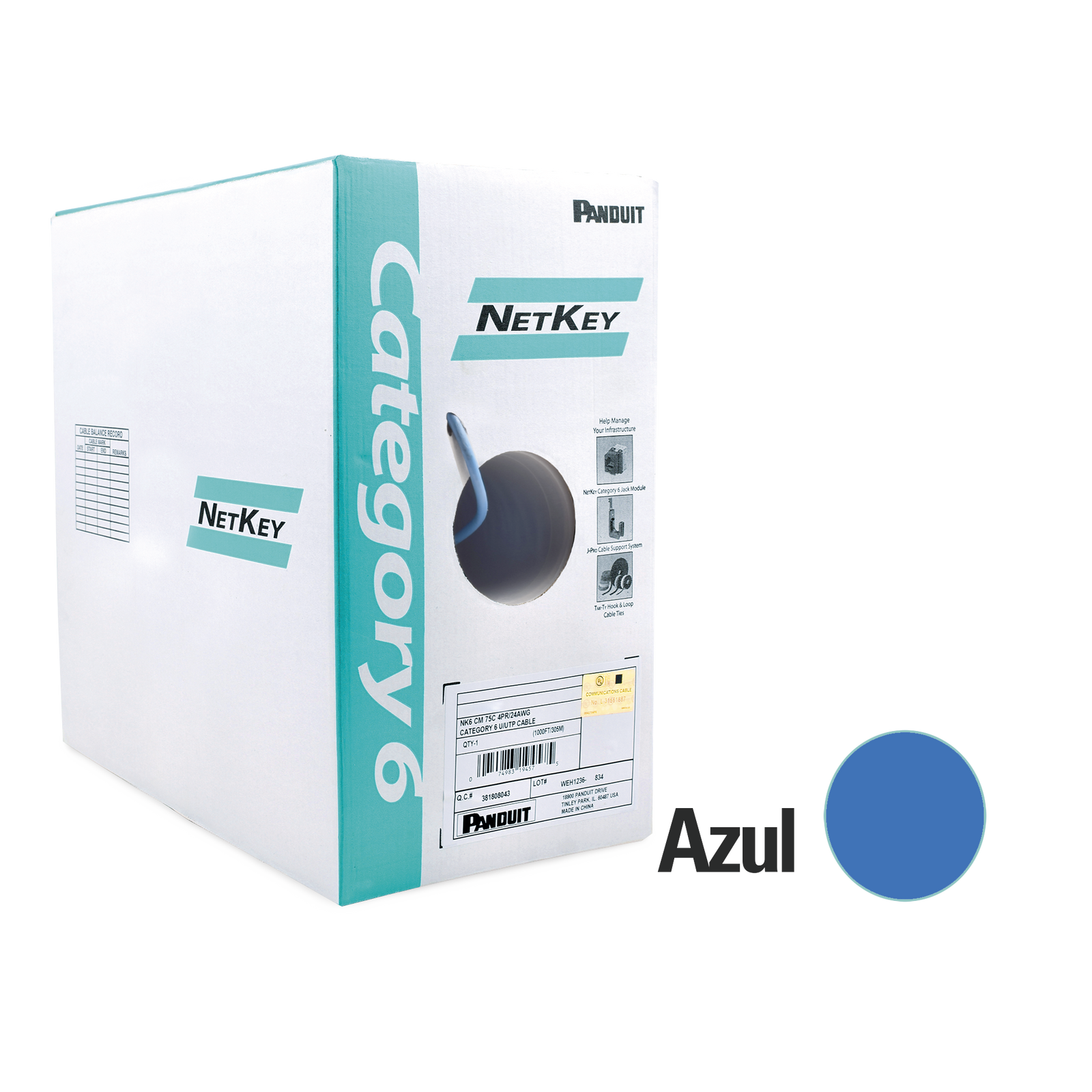 Bobina de Cable PanduitCat6 UTP NetKey Reelex Categoría 6 24 AWG 1000Mbps Color Azul 305 metros NUC6C04BU-FE