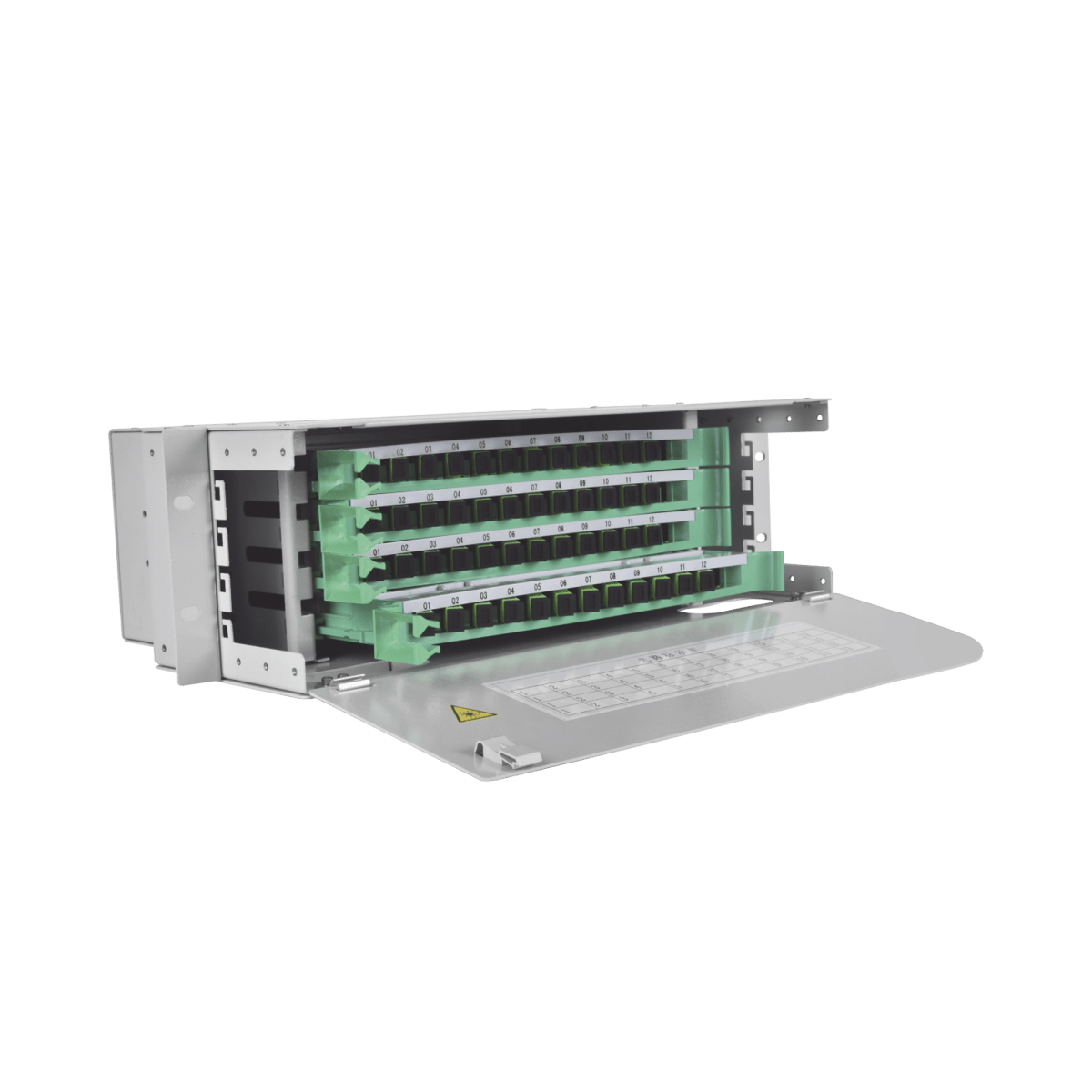 Distribuidor de Fibra Óptica para 48 empalmes, con 48 acopladores SC/APC y 48 pigtails, 19", 3 UR - SILYMX