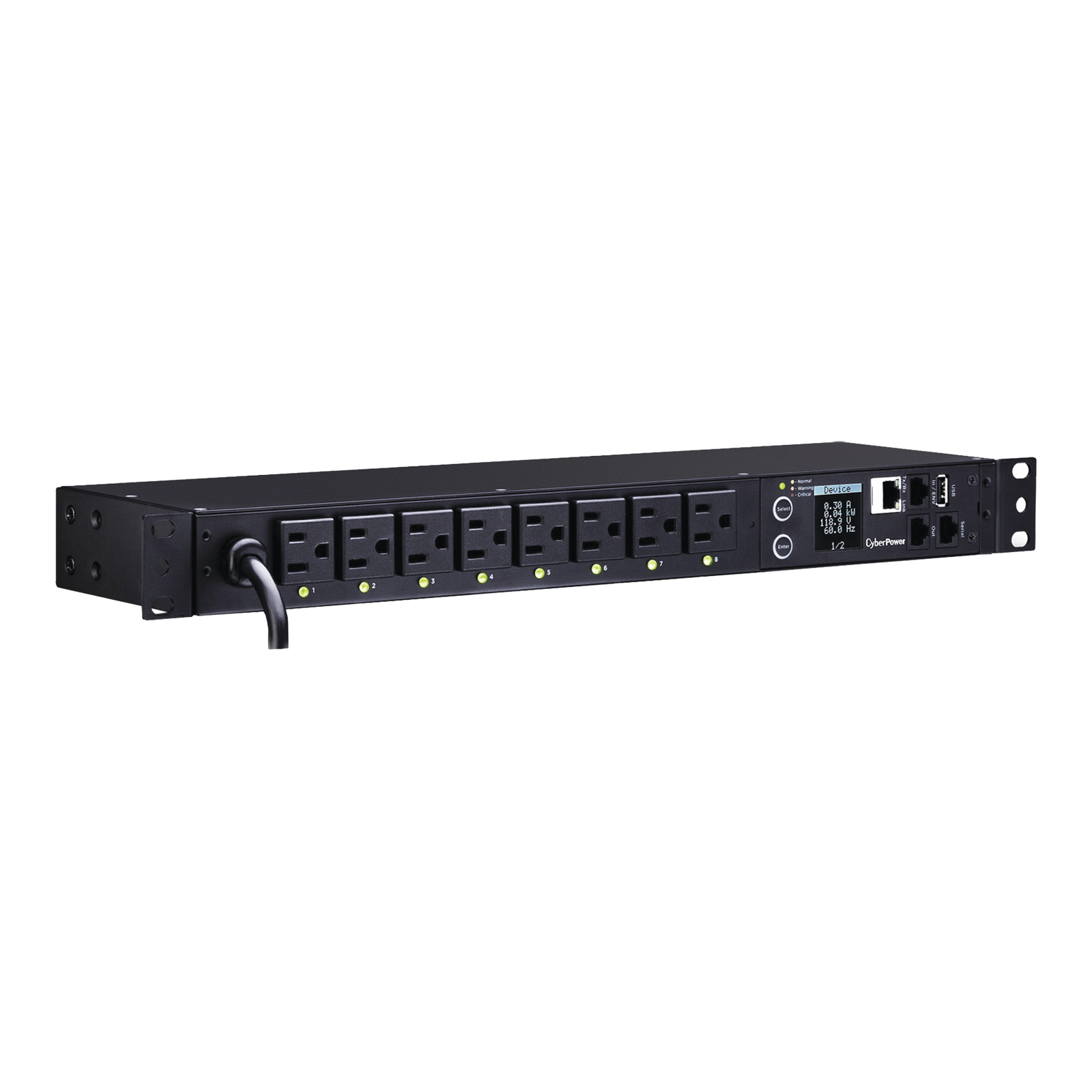 PDU Switchable por Toma, Para Distribución de Energía, Entrada 120 Vca NEMA 5-15P, Con 8 Salidas NEMA 5-15R, Horizontal 19in, 1UR - SILYMX