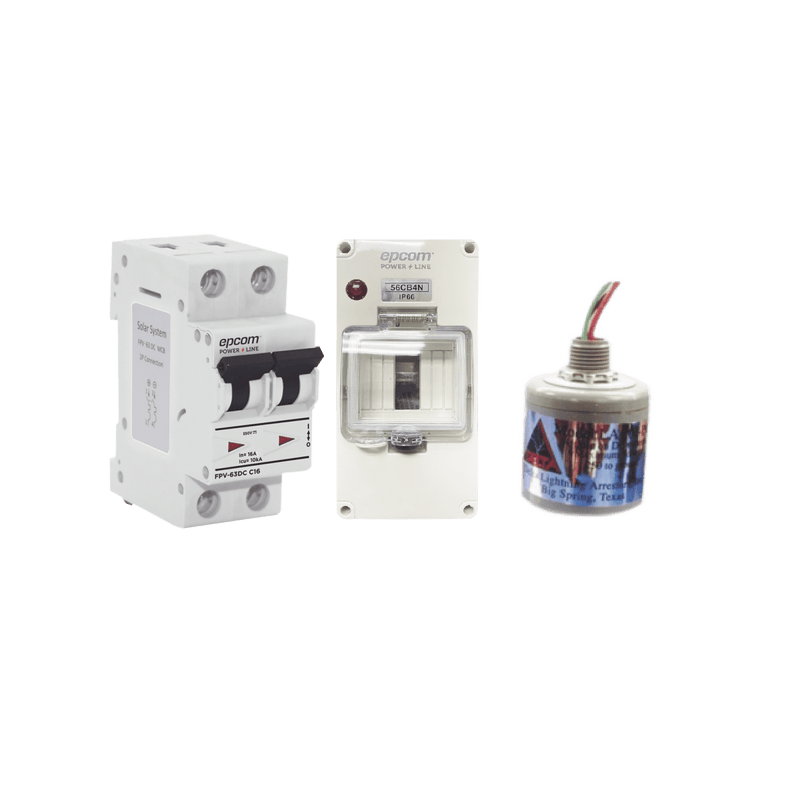 Kit de Centro de Carga Para Corriente Directa, Breaker de hasta 800 Vcc de 63 A con Supresor de Descargas Atmosféricas. - SILYMX