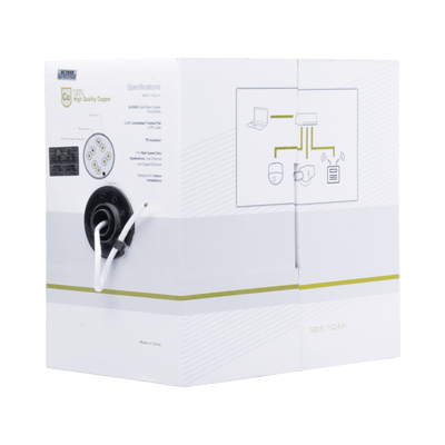 Cable Cat5e de alto rendimiento certificaciones ETL, UL, con garantía de 25 años, de 500 ft ( 152.5 m ) de color Blanco, para aplicaciones en video vigilancia, redes de datos. Uso Interior - SILYMX