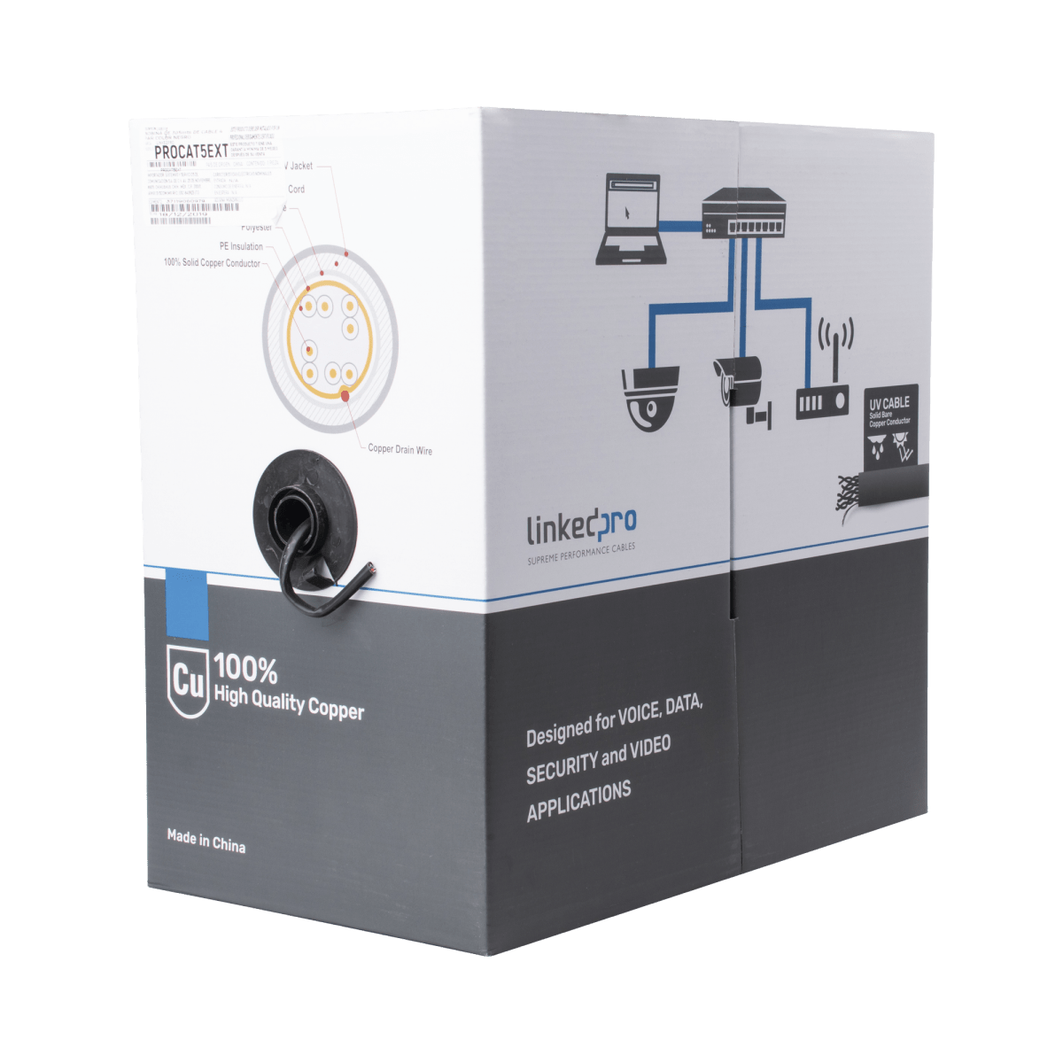 Bobina de cable de 305 m, Cat5e , FTP, blindado, color negro, UL, para aplicaciones en video vigilancia, redes de datos. Uso en Intemperie - SILYMX